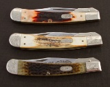 Collection of three unused Case XX Jaguar single blade folding Knives with engraved bolster and lock