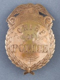 Ornate Chief of Police Badge, shield with eagle crest, heavy gold plated, 2 3/4