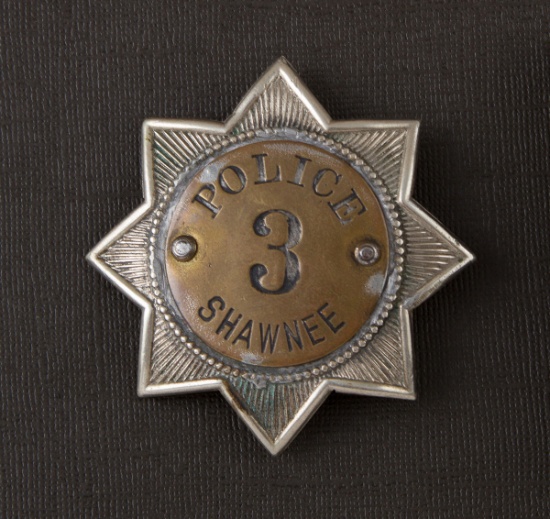 Eight point star Badge, Shawnee Police, #3, measures 2 3/4" across points.  Believed to be early Okl