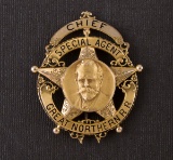 Fine, historical gold Badge, Chief Special Agent, Great Northern R.R., very fancy banner star with 2