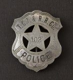Shield Badge with cut out star, Badge #102, T.C.I. & R.R. Co. Police, 2 3/4