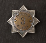 Eight point star Badge, Shawnee Police, #3, measures 2 3/4