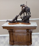 Extremely fine antique, quarter sawn oak, Bronze Stand, circa 1900, with custom granite top.  Stand