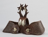 Pair of Kelly Bros. marked, double mounted Spurs with engraved crescent rowels and etched heart butt