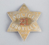 Ornate, six point star Badge, Police #21, Oroville, CAL., 3 1/2