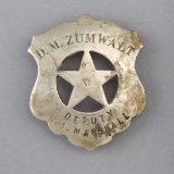 D.M. ZUMWALT, Deputy U.S. Marshall Badge, shield with star center, 2 1/8