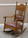 Fancy antique, rabbit ear, oak Arm Rocker with fancy reeded posts, circa 1900-1910, newly upholstere