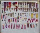 Framed Collection of Badges, Pins and Ribbons of the Great Council of Indiana, (approximately 74 pie