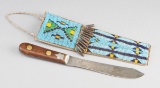 Rawhide and beaded Knife Sheath with square bottom, 10 1/4