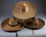 Three vintage Mexican Sombreros, one has beautifully embroidered eagle holding two Mexican Flags.  O