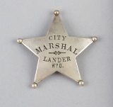 City Marshal, Lander, WYO. Badge, 5-point ball star, 2 3/4