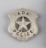 Ada Police (Oklahoma), Badge, shield shape with cut out 5-point star, light engraving.  Hallmark 