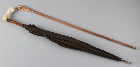 Fancy carved handle Umbrella, circa 1910-1920, in good condition, handle appears to be hand polished
