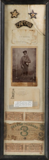 Framed Group of items from the J. W. Simmons Estate including his Captain Insignia, Cabinet Card of