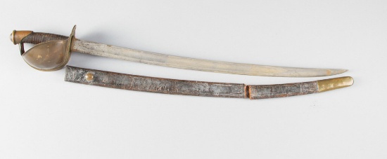 Early Cutlass with large hand guard and leather sheath, blade is dated 1881 with anchor marked blade