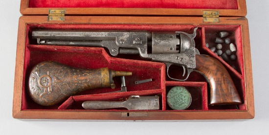 Cased factory engraved Colt, Model 1851 Revolver, .36 Caliber, SN 44486, all matching numbers, 7 1/2