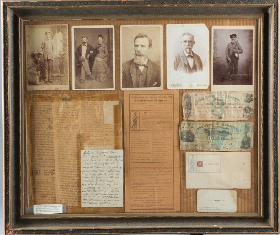 Framed Collage of Images and Artifacts once belonging to J. W. Simmons to include: Five Cabinet Card