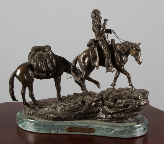 Bronze Sculpture titled "Hunter Trail", recast of Frederic Remington, 16 1/2" long x 16" tall.