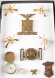 Group of 10 items to include:  A two piece brass CSA Wreath Buckle; Two piece brass Compass;  Milita