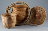 Group of three woven Baskets and a cowboy Lariat.  These four items will sell as one .  Wild West Mu