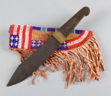 Contemporary beaded and fringed leather Knife Sheath with hand made one piece Side Knife with heavy