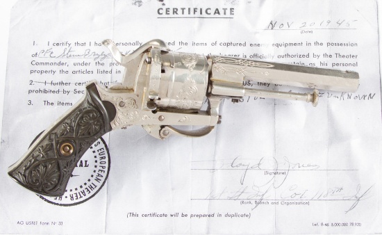 WWII captured Revolver, European Pin Fire, 6-Shot Revolver, 7.65 Caliber, SN NV, 3 1/2" barrel, nick