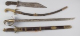 Group of three 19th century European Swords, and one Short Sword or Bowie fighting knife, one is 23