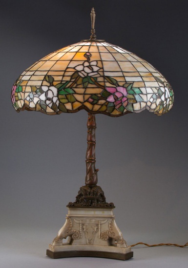 Unique and most unusual, stained leaded glass Table Lamp on bronze and carved marble base, 30" tall