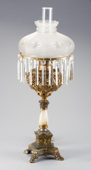 Signed Bradley & Hubbard, footed Parlor Lamp with crystal prisms, 31" tall including the chimney, wi