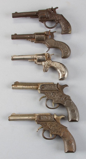 Collection of five antique cast iron, Cap Pistols, all appear to be in very good original condition,