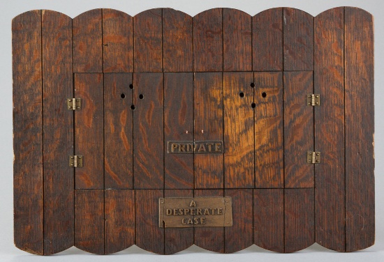 Most unique antique oak, folk art type wall hanging titled "A Desperate Case".  With double door ope