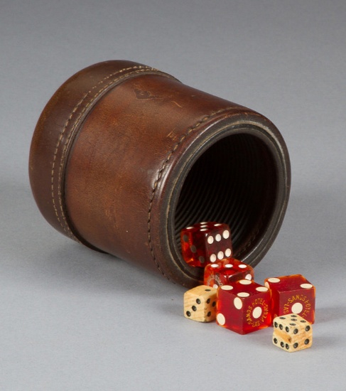 Vintage, heavy leather Dice Cup, 4"T, no maker mark visible, will be accompanied by three pairs of d