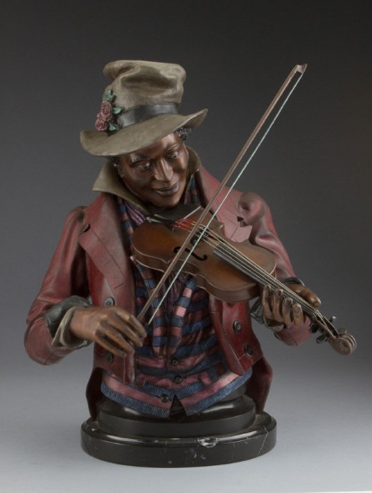 Life like Bronze, Fiddler, by A. Matthews, #20 of 88, 18" tall on polished marble base.  Dan Hardest