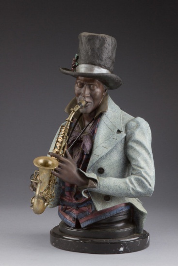 Life like Bronze, Sax Player, by A. Matthews, #20 of 88, 18" tall on polished marble base.  Dan Hard