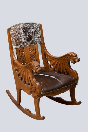 Very ornate antique, solid quarter sawn oak, winged lion Rocker with full open pierce carved back an