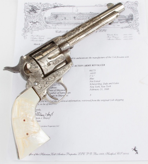 New York Style Engraved, Etched Panel Colt, Single Action Army Revolver with carved steer head pearl