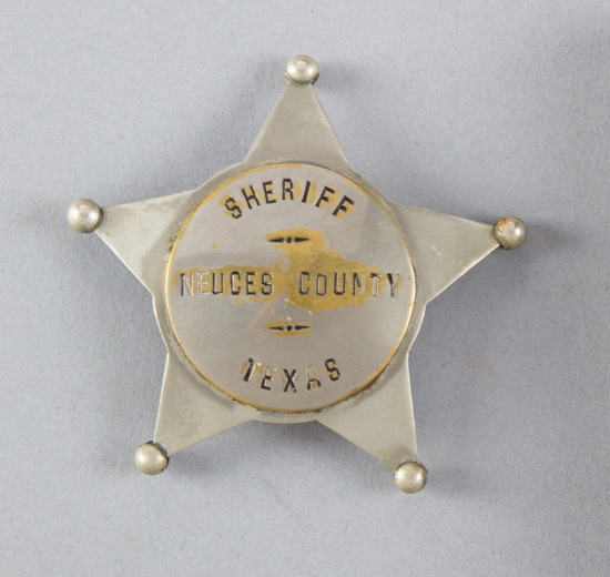 Sheriff Neuces County Badge, 5-point ball star, 2 5/8" across points, circa 1900.  George Jackson Co