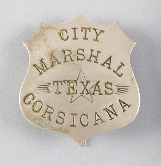 City Marshal, Corsicana, Texas, Shield Badge, 2 5/8" across, possibly pre-1900.  George Jackson Coll