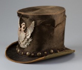 Early Beaver Top Hat with silk spotted hat band & winged eagle shield.  This hat, though very fragil
