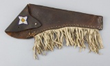 Leather, fringed and beaded Flap Holster, with belt loop, for a medium frame revolver, overall good