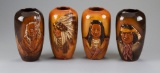 Collection of four clay pottery Portrait Vases, hand carved by artist Wihoa, one vase is marked on b
