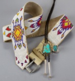 Collection of three items to include: A sterling silver marked and turquoise leather braided Bolo, m