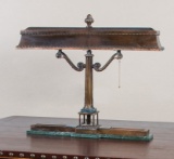 Beautiful, high quality Banker's Desk Lamp, antique brass patina with green polished marble base.  B