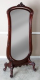 Beautiful antique, mahogany Cheval Dressing Mirror with carved crest and most unusual claw foot, foo