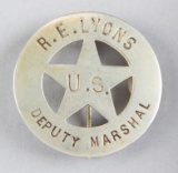 R.E. Lyons U.S. Deputy Marshal Badge, 5-point star in circle, 1 3/4