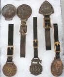Collection of six advertising Watch Fobs, five have leather straps; One is 