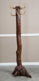 Folk Art style wooden and buckhorn Coat & Hat Pole, made from a tree with actual buckhorn hooks, 69