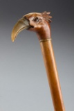 Unique antique Walking Cane with carved wooden birds head handle with glass eyes and carved horn bea