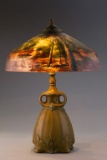 Antique, Reverse Painted Table Lamp, circa 1915, attributed to Pittsburgh Lamp Co. original base, sh