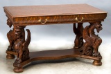 Fine antique, full winged griffin, oak Library Table, attributed to George Flint, NY, NY, circa 1900